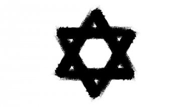Beyaz arka planda David 'in Yıldızı. Animasyon. David 'in siyah yıldızı kaş arka planında soyut bir şekilde çizilmiş. Yahudi dini sembolü. Davut 'un yıldızının antik sembolü