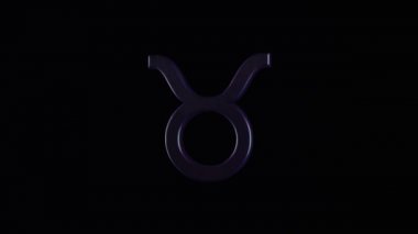 Zodiac sembolü veya Taurus işareti. Animasyon. Siyah arka planda 3 boyutlu burç işareti var. Siyah zemin üzerinde dönen desenli hacimli burç Taurus işareti