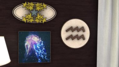 Kova burcunun soyut animasyonu. Animasyon. 3D grafik iç mekan, zodyak işareti ile refah ve iç denge için