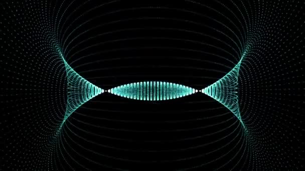 Poruszający się tunel neonowych kropek. Animacja. Cyfrowy abstrakcyjny, świecący tunel na czarnym tle. Graficzny lejek świetlny z boku. Portal obrotowy cząstek stałych do wibracji muzycznych — Wideo stockowe