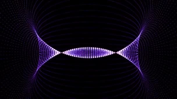 Poruszający się tunel neonowych kropek. Animacja. Cyfrowy abstrakcyjny, świecący tunel na czarnym tle. Graficzny lejek świetlny z boku. Portal obrotowy cząstek stałych do wibracji muzycznych — Wideo stockowe