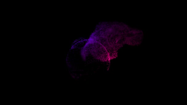Animazione astratta della sfera rotante che decade in particelle in movimento multicolore su sfondo nero. Animazione. Tecnologia e scienza sullo sfondo . — Video Stock