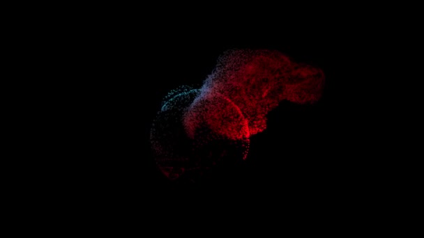 Animație abstractă a sferei rotative care se descompune în particule în mișcare multicolore pe fundal negru. Animaţie. Tehnologie și fundal științific . — Videoclip de stoc