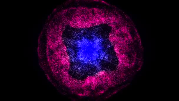 Animation abstraite de fond kaléidoscopique animé coloré avec des particules de lumière brillantes sur le fond noir. Animation. Particules colorées espace boucle visuelle 