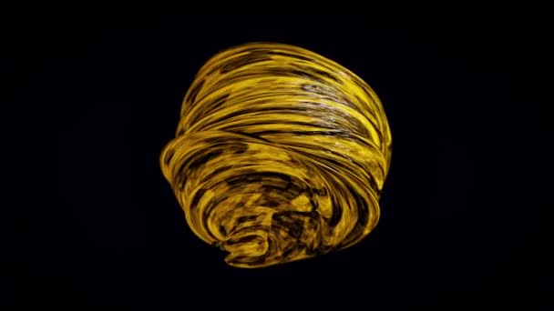 Círculo 3D de líneas de plástico. Animación. La herida de bola 3D abstracta de líneas de plástico gira sobre fondo negro. Esfera texturizada 3D de líneas de plástico que recuerdan a la textura de la miel — Vídeos de Stock