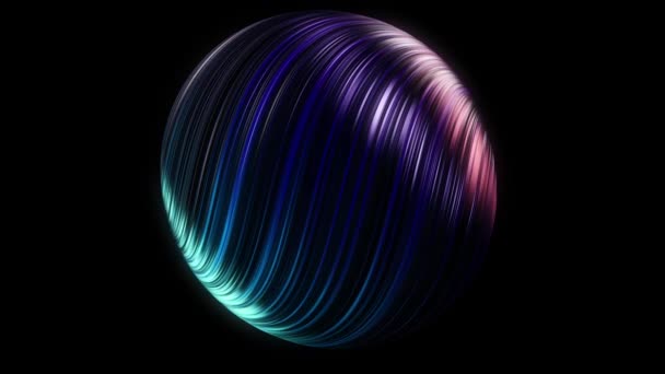 ネオンラインの3Dボールは黒の背景で回転します。アニメーション。湾曲したネオンストライプの美しい3D球は黒の背景で回転します — ストック動画