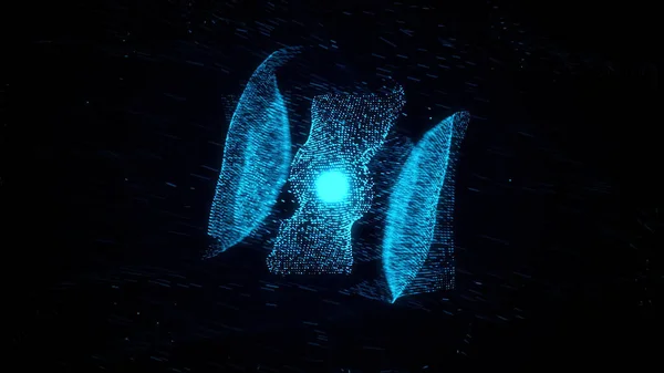 Abstract blauwe mooie neon wolk van stippen die op een georganiseerde manier door de ruimte vliegen en een figuur vormen met een kernel op zwarte achtergrond. Animatie. Vlucht van kleine deeltjes in de ruimte. — Stockfoto