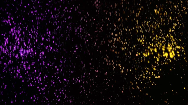 Muchas partículas brillantes de color púrpura y amarillo en el espacio volando hacia arriba sobre fondo negro. Animación. Fondo abstracto generado por computadora con puntos coloridos en movimiento . —  Fotos de Stock
