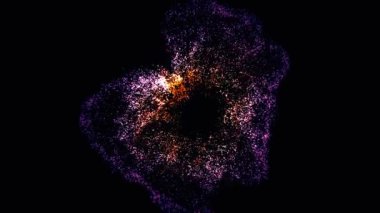 Siyah zemin üzerinde küçük parçacıkların hareket eden ve dönen mavi enerjisi. Animasyon. Soyut teknoloji, bilim, mühendislik ve yapay zeka geçmişi.