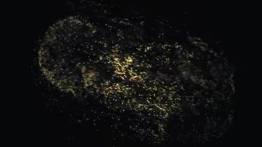 Soyut mavi ve sarı güzel neon noktalar bulutu uzayda düzenli bir şekilde uçuyor ve siyah arkaplanda bir çekirdeği olan bir figür oluşturuyor. Animasyon. Uzayda küçük parçacıkların uçuşu.