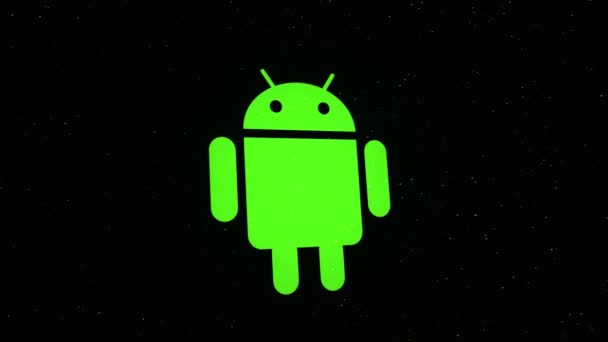 Rotação abstrata do símbolo do Android, logotipo feito de pequenas partículas voadoras verdes sobre fundo preto. Animação. Robô android verde se tornando uma nuvem rotativa de pontos coloridos . — Vídeo de Stock