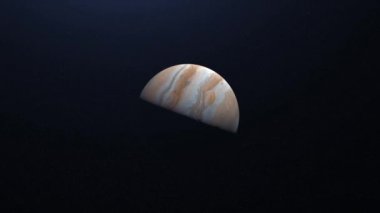 Jüpiter gezegeninin soyut animasyonu. Animasyon. Jüpiter 'in Güneş Sistemi' ndeki en büyük gezegeni yıldızların arka planında dönüyor. Jüpiter gezegeninin çizgili güzel atmosferi