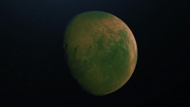 緑の惑星の表面の抽象的なアニメーション。アニメーション。クレーターの表面と凹凸のある緑の惑星は、恒星の空間を背景に回転します。 — ストック動画