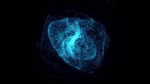 Abstract blue beautiful neon cloud of dots flying in a organized way in space and forming a figure with a kernel on black background. Animação. Voo de pequenas partículas no espaço . — Vídeo de Stock