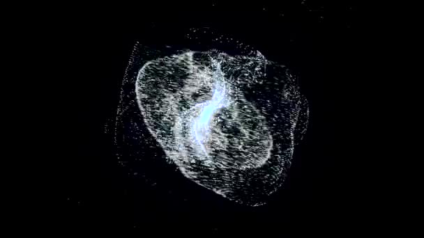 Bola energi partikel putih berputar di latar belakang hitam. Animasi. Titik-titik kecil putih menyebar dan berputar dalam gelap dengan kernel di tengah, monokrom . — Stok Video