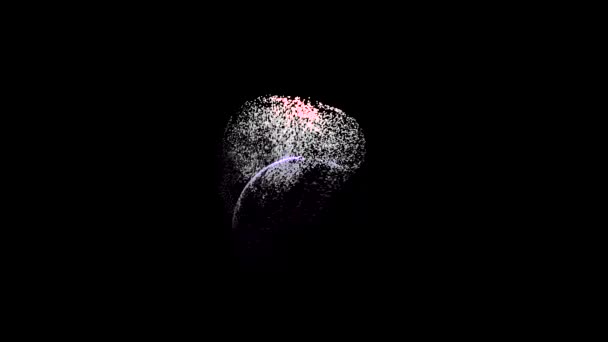 Witte deeltjesenergie bol draait op zwarte achtergrond. Animatie. Witte kleine stipjes verspreiden en spinnen in het donker, monochroom. — Stockvideo