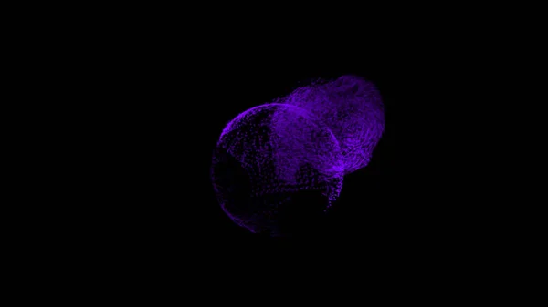 Abstrakte Animation der rotierenden Kugel, die in bunte bewegte Teilchen auf schwarzem Hintergrund zerfällt. Animation. Hintergrund für Technologie und Wissenschaft. — Stockfoto