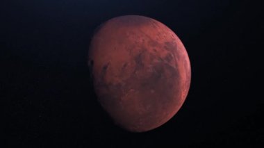 Yıldızların arka planında dönen Mars gezegeninin soyut animasyonu. Animasyon. Yüzeyinde kraterler olan güzel kızıl gezegen Mars. Yapı ve yüzeydeki Mars gezegeni Dünya 'ya benzer.