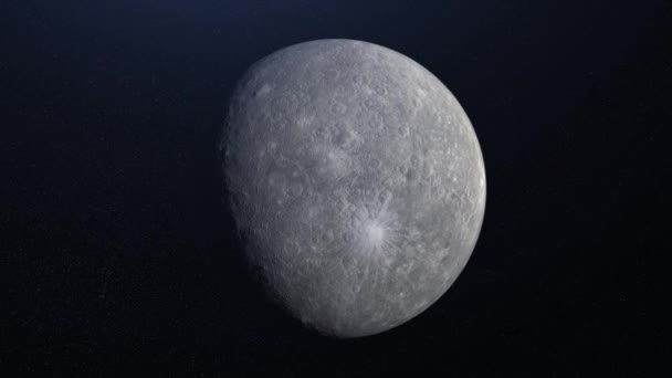 Abstraktní animace rotující planety Merkur na pozadí hvězd. Animace. Abstraktní šedý povrch rtuti. Planetární animace pro pozadí planetární rtuti — Stock video