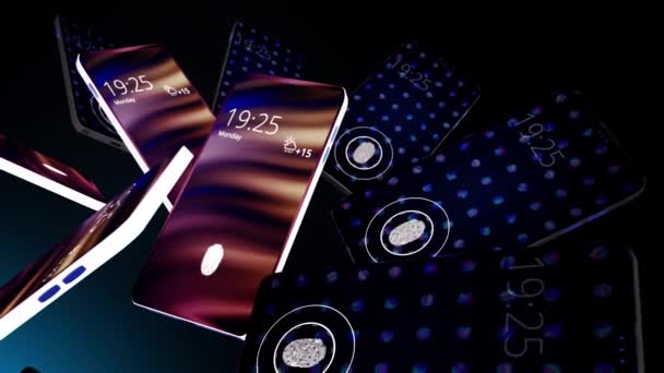 Abstract of smartphones with screen lock. Animation. Animation of rotating and hovering smartphones with glowing lock screens. Background with smartphones for advertising — Stock Video