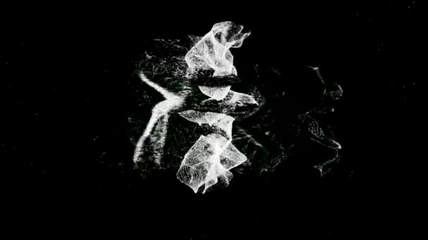 Abstract geanimeerde bewegingsgrafiek met witte wervelende deeltjes bewegend op zwarte achtergrond, naadloze lus. Animatie. Witte kleine vliegende stippen met een vorm in het midden van de wolk, monochroom. — Stockvideo