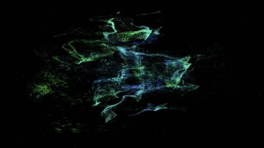 Android sembolünün soyut dönüşü, siyah zemin üzerinde uçan küçük yeşil parçacıklardan oluşan logo. Animasyon. Yeşil android robot renkli noktalardan oluşan dönen bir bulut haline geliyor..