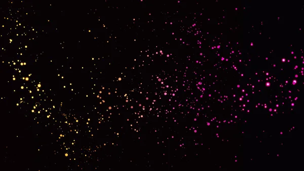 Molte particelle luccicanti viola e gialle nello spazio volano verso l'alto su sfondo nero. Animazione. Computer generato sfondo astratto con punti colorati in movimento . — Foto Stock
