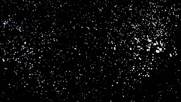 Viele weiße kleine Kreise, die sich im Dunkeln chaotisch bewegen und dann nach oben fliegen. Animation. Hundert von runden glühenden Partikeln auf schwarzem Hintergrund, monochrom. — Stockfoto