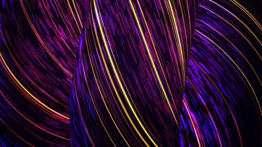 Neon çizgileri olan soyut 3D siyah spiraller. Animasyon. Neon renkli çizgiler şehvetli siyah dokuma ile sarmalanmıştır. Siyah arkaplanda dönen floresan çizgileri