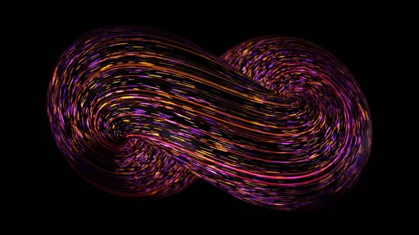Espial 3D abstrato com linhas móveis de néon sobre fundo preto. Animação. espiral looped multicolorido com linhas de néon em movimento. espiral fechada volumétrica com linhas luminosas rápidas — Fotografia de Stock