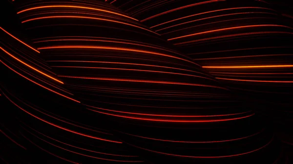 Espirales negros 3D abstractos con líneas de neón. Animación. Las líneas de colores de neón están entrelazadas en voluminoso tejido negro. Líneas fluorescentes giratorias sobre fondo negro — Foto de Stock