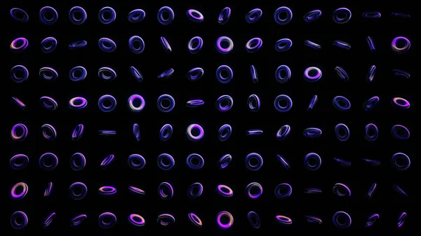 Absztrakt háttér csillogó neon fény gyűrűk fekete háttér. Animáció. Világító és forgó készlet neon gyűrűk fekete alapon — Stock Fotó
