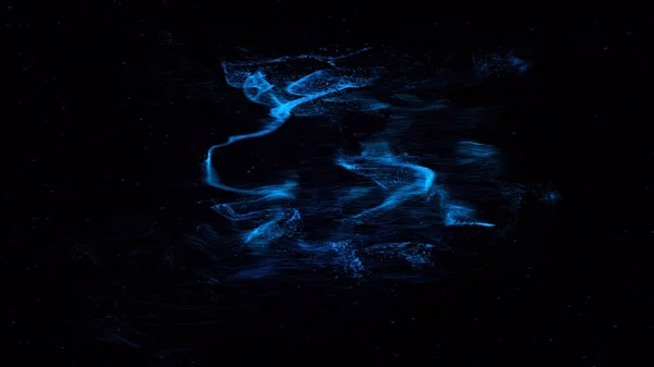 Abstrakt blå ton förvandlas till flygande och virvlande partiklar isolerade på svart bakgrund. Animering. Färgglad not ikon blir rymddamm, musik koncept. — Stockfoto