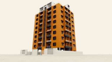 Parlak yüksek binalara ve beyaz çitlerin 3D düzenine bakıyorum. Stok görüntüleri. Modern çok katlı evin güzel animasyonu, teknoloji konsepti.