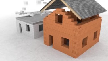 Beyaz arka planda soyut beyaz ve kahverengi tuğlalı ev 3D modelleri. Stok görüntüleri. Tuğlalar yıkılıyor ve ev duvarları oluşturuyor, mimari konsept..