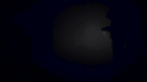 Один человек, стоящий в каменной пещере в темноте с фонарем. Запись. Потерянные туристы пытаются понять, куда идти в подземную пещеру . — стоковое видео