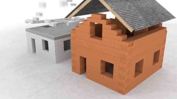 Modèles 3D abstraits de maisons en brique blanche et brune isolés sur fond blanc. Images d'archives. Briques tombant et formant des murs de maison, concept d'architecture . — Video