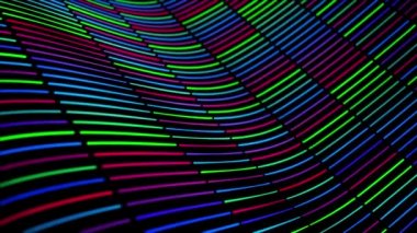 Siyah arkaplandaki kısa neon şeritlerden hareket eden dalgaların soyut animasyonu. Animasyon. Kusursuz döngünün animasyonu. Uçuşan parlak kalın çizgiler.