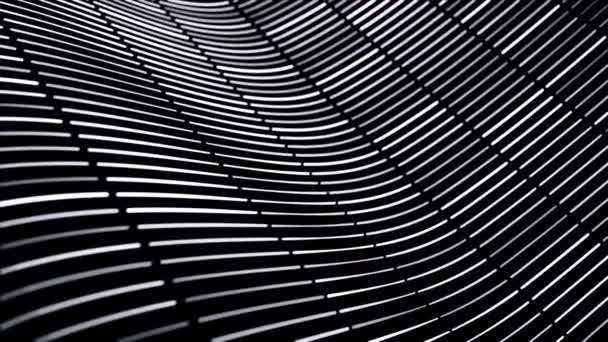 Abstract animation of moving waves from grey and white short neon stripes on black background. Animation. Animation of seamless loop, thick stripes flying. — Stock Video