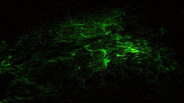 Soyut uçuş ve dönen uzay tozu siyah arka planda izole edilmiş yeşil notaya dönüşüyor. Animasyon. Renkli uzay tozu nota simgesi haline geliyor, müzik konsepti.