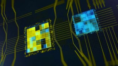 İşlemciler Cpu kavramı. Animasyon. Anakart dijital çip. Dijital siber uzayda bilgisayar merkezi işlem birimi Cpu 'nun soyut canlandırması
