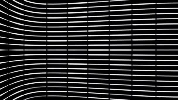 Abstract animation of moving grey and white short neon stripes moving horizontally on black background. Animation. Animation of seamless loop, thick stripes flying. — Stock Video