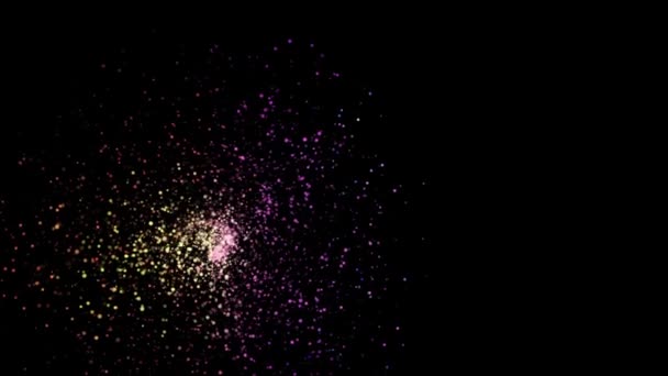 schöne abstrakte Animation vielfarbig flackernder Teilchen, die auf schwarzem Hintergrund verstreut und wirbeln. Animation. Teilchen, die im Dunkeln schimmern