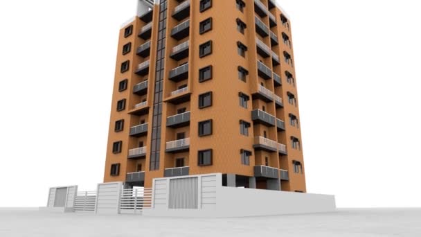 Глядя на яркий многоэтажный жилой дом и белый забор 3D-макет. Запись. Красивая анимация современного многоэтажного дома, технологическая концепция . — стоковое видео