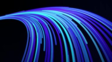 Siyah zemin üzerinde akan dar çizgilerden oluşan 3D mavi kuyruk. Hayvanlar. Neon renkli ışınlar, bir halka parçası gibi görünen eğilmiş çizgiler ve eğri bir yörüngede akar..