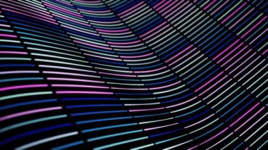 Dar çizgilerin renkli dalgalı dokusu siyah arkaplan üzerinde akmakta olan küçük bölümlere ayrılmış, pürüzsüz döngü. Animasyon. Renkli köşegen neon çizgileri.