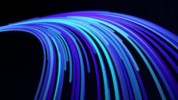 Coda blu 3D formata da linee strette che scorrono su sfondo nero. Animazione. Raggi colorati al neon fluiscono in una traiettoria arcuata, linee curve che sembrano una parte di un anello . — Video Stock