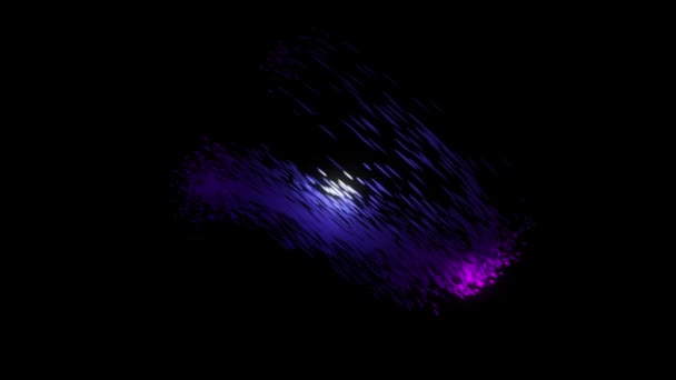 역동적 인 다채 로운 입자들의 움직임을 검은 배경 위의 3 차원 구의 형태로 조직했습니다. 애니메이션. 기술적 배경, 파란색 과 보라색 원자가 원을 그리며 나는 모습. — 비디오