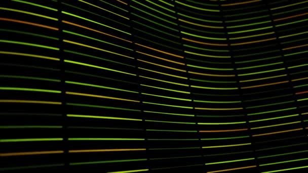 Texture ondulée colorée de lignes étroites déviées en petits segments coulant sur fond noir, boucle sans couture. Animation. Rayures néon vert et jaune en diagonale .