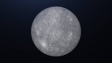 Yıldızların arka planında dönen Merkür gezegeninin soyut animasyonu. Animasyon. Merkür gezegeninin soyut gri yüzeyi. Cıva gezegeninin arka planı için gezegen animasyonu